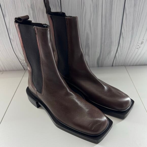 Zara Dark Brown Leather Chelsea Square Toe Bootie Like New Size 7.5 (38) - Picture 1 of 4